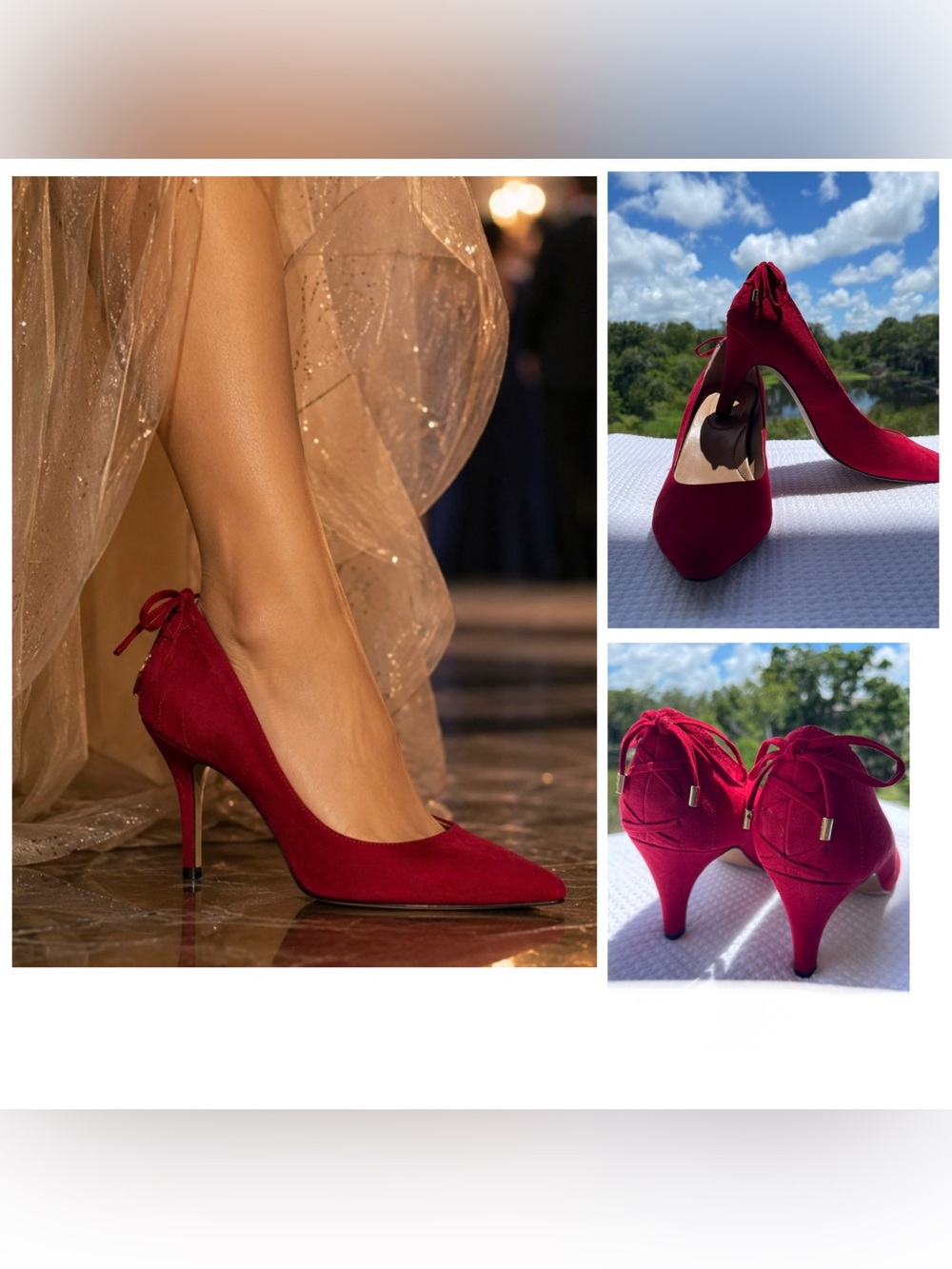 Coach and Four Ruby Red Suede Bow Back Heels Size 8.5M